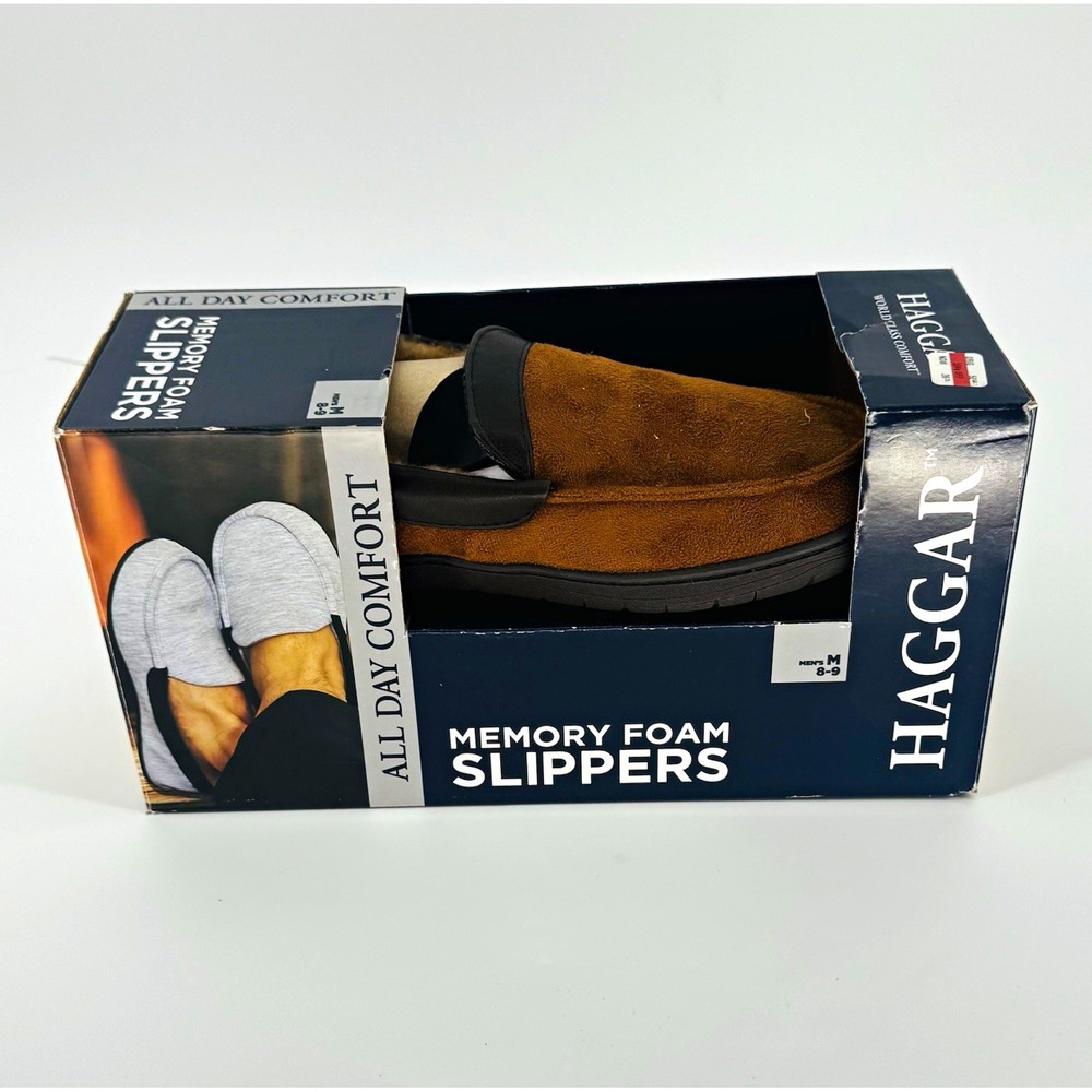Haggar Men's Memory Foam Lined Slip-On Slippers Brown/Black Suede US 8-9 M